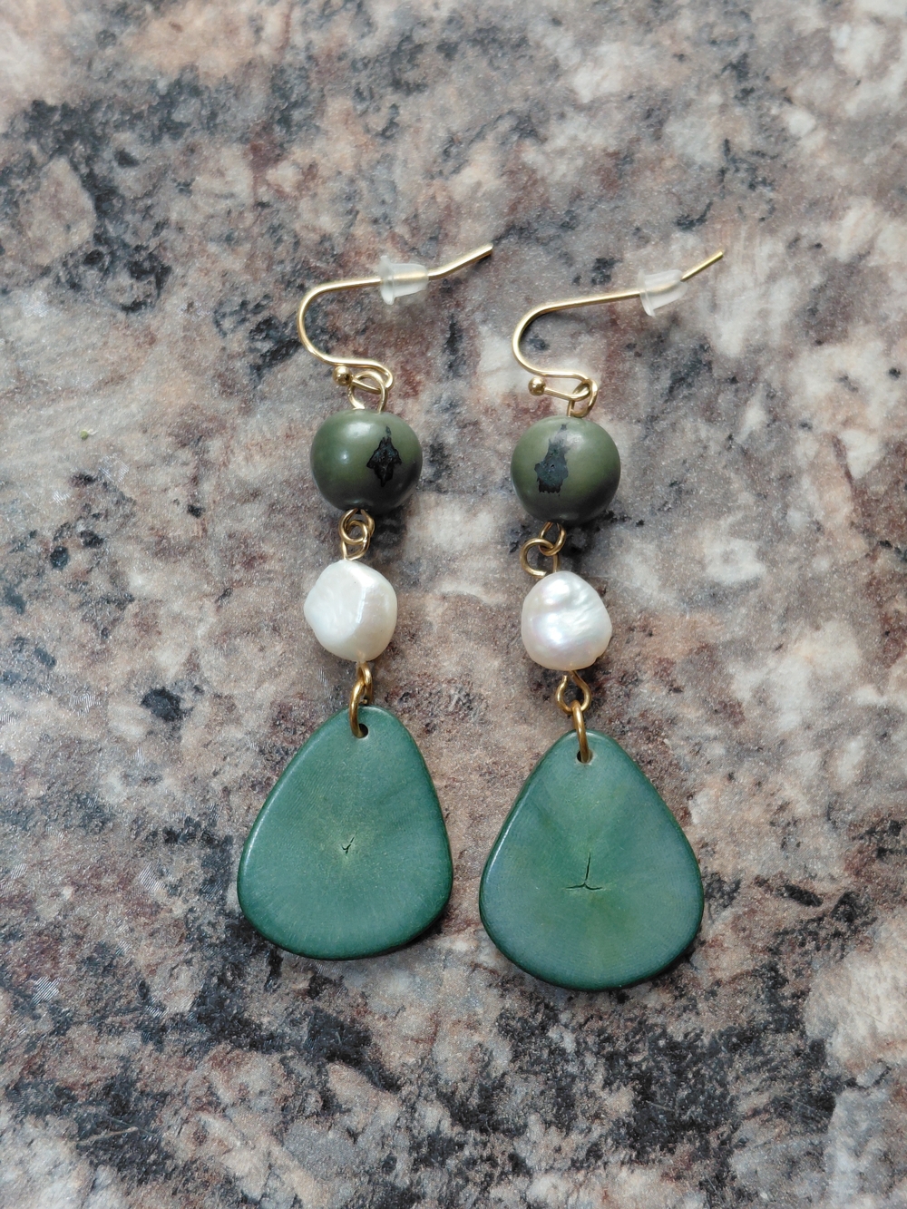 Green Tagua Nut and Freshwater Pearl Vintage Artisan Dangle Earrings